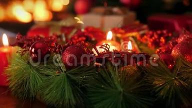 4k多利视频美丽的冒险花环与燃烧蜡烛在圣诞夜。 完美的背景或背景