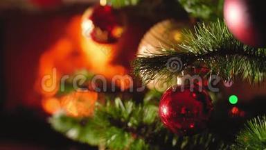 特写4k视频与Chrismtas树和壁炉。 新年或圣诞节来临的完美背景