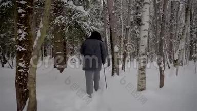 冬天在雪地森林里用登山杖徒步穿越雪地的人