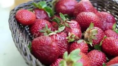一篮子草莓的特写镜头。新鲜采摘的熟草莓放在上面。