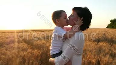 一个快乐的母亲把一个孩子抱在小麦地里。 快乐的孩子吻妈妈`脸，妈妈吻孩子