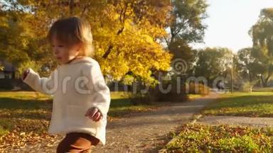 快乐的孩子在公园里玩。 小宝宝在秋天公园里跑来跑去，笑着玩着秋天的树叶..