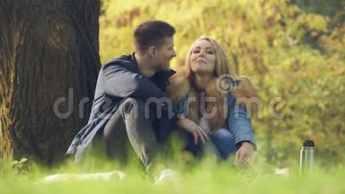 爱的夫妇坐在树下，在户外约会，在公园里野餐