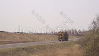 一辆大型货车在高速公路上运送木材，木材，复制空间