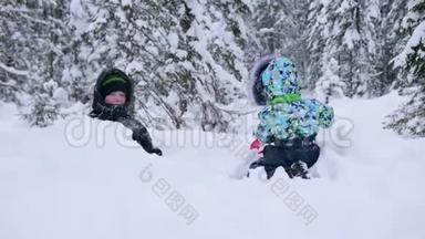 公园里的孩子们玩雪。 第一场雪带来的欢笑和喜悦。 下雪了。 在清新的空气中行走.. 健康健康