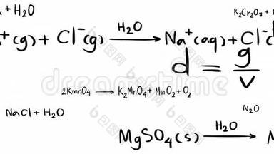 化学理论方程和<strong>元素</strong>分子键的<strong>数学公式</strong>动画与化学实验室工具图标移动