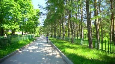运动的女人骑自行车在后台夏季公园。 年轻女子骑自行车。 女子自行车城。 女子骑自行车
