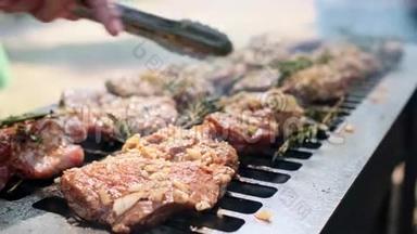烧烤，炒鲜肉，鸡肉烧烤，烧烤.. 阳光明媚的户外厨师把肉放到烤架上