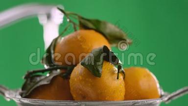 在视频中，<strong>我们</strong>看到橘子，橘子躺在滑梯上，橘子上覆盖着水滴，在背景上<strong>我们</strong>可以看到