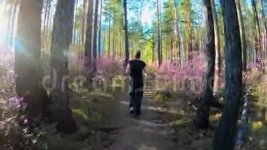 在阳光明媚的日子里，女孩沿着一条森林小径奔跑，在树木和粉红色的花朵之间