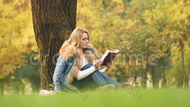 漂亮的女人看有趣的书，<strong>坐在树下</strong>，消磨闲暇时间