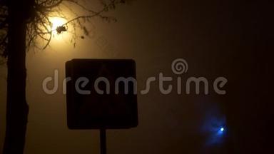 城市雾中的夜间人行横道，交通安全