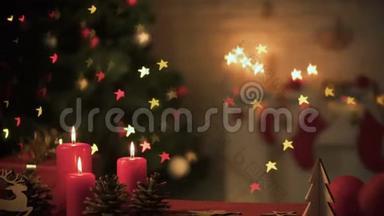 圣诞树上装饰和明亮闪烁的灯光的垂直全景