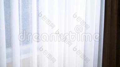 客厅或卧室的窗帘内部。 棕色窗帘和白色薄纱。 客厅或室内窗帘