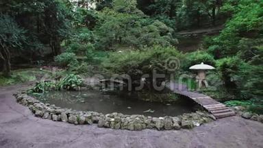 公园里的日本花园，池塘里有漂浮的<strong>红鲤鱼</strong>，步行的桥，高大的树和蕨类植物