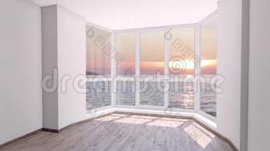 空房间，有大窗户，外面的海洋平静的日落。 背景板，彩色关键视频背景