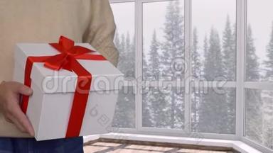 圣诞或新年礼物盒配有红丝带，<strong>窗外下雪</strong>