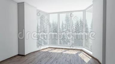 从海湾窗口在明亮的房间里观看背景冬季森林的降雪。 背景板，彩色关键视频