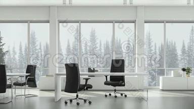 从商务办公室的窗口观看冬季降雪的背景针叶树和多云的天空。 背景板