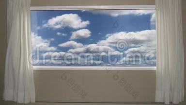 窗外美丽的蓝色多云的天空。 背景板，彩色关键视频背景