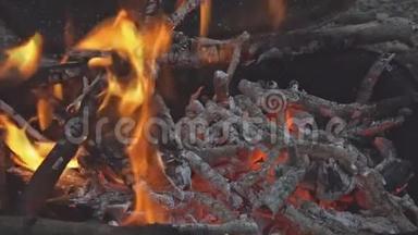 美丽的特写营地<strong>消防视频</strong>山毛榉木材燃烧壁炉充满木材和火流移动高清<strong>视频</strong>