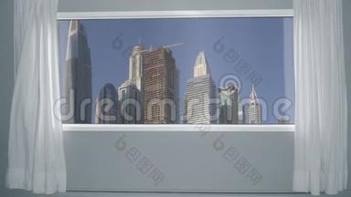 从蓝色天空背景下城市的窗户上看到现代摩天大楼。 背景板，色度键视频背景..