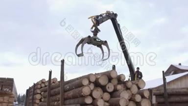 机械装载机在锯木厂设施从<strong>重型卡车</strong>上卸下木材原木