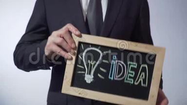 灯泡，写在黑板上的思想符号，人拿着标志，动机