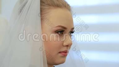 史黛丽为未来的新娘选择面纱。 把新娘`白色面纱戴在新娘的头发上。