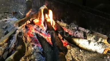 在会说话的烤架上烧柴火。 手拿燃烧的柴火。