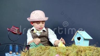 乡村，穿着时尚可爱的小男孩玩小鸭子和小鸡，有主题装饰的工作室视频
