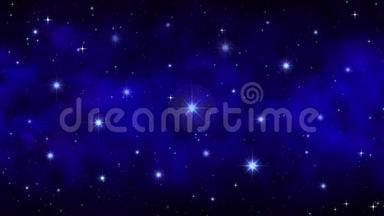 夜空中有移动的<strong>烟</strong>雾、雾、深蓝色<strong>动态</strong>空间背景明亮的大星星、移动的星云、无缝的环
