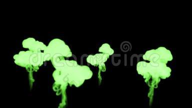 荧光亮绿色旋在水中，多滴墨.. 这是3D渲染镜头的慢动作墨水