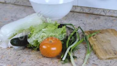 砧板，盘子和蔬菜：大白菜，黄瓜，番茄，，葱.. 快关门。