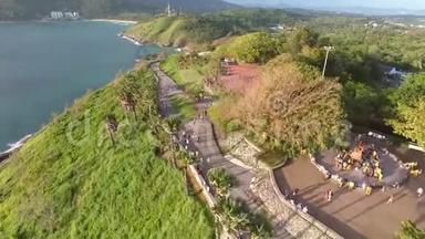 普洛斯彼普角。 泰国普吉岛的流行旅游日落观景点。 空中视野4K。