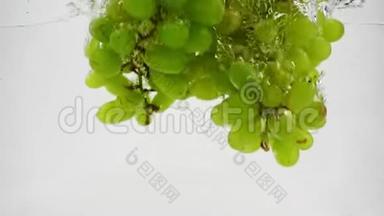 一串绿色的葡萄慢慢地<strong>落入水中</strong>，有气泡。 白色背景的浆果。