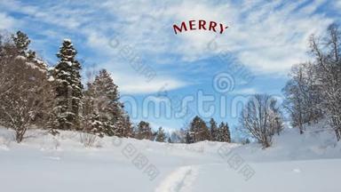 手写白色圣诞快乐动画书法文字冬雪自然背景视频