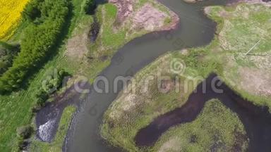 空中：飞过美丽的河花田野.. 夏日俄罗斯自然。 高清高清