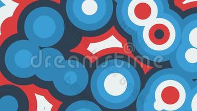 抽象动画的彩色红色，蓝色和白色的移动圆形。 无缝环路动画背景，壁纸..