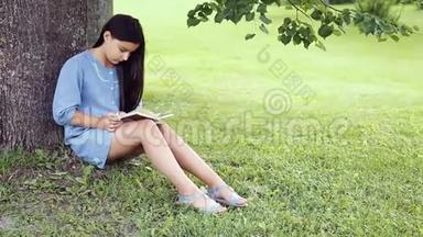 一个留着长发的漂亮女孩在阳光明媚的日子里，坐在树下看书