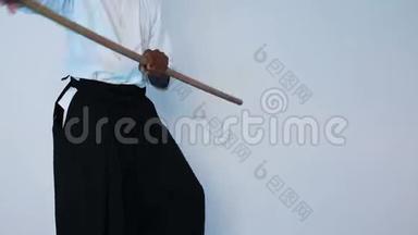 武术大师用木棍练习武术
