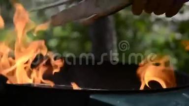 夏天，人们在花园里的烧烤架上把木头扔进火里