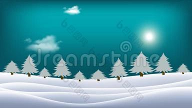<strong>太阳</strong>在地平线上<strong>移动</strong>，云在天空中<strong>移动</strong>。冬季景观。白雪覆盖的小山上长满了树，阳光灿烂