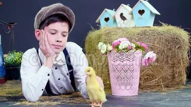 村，穿着时尚可爱的男孩玩小鸭和小鸡，工作室视频与主题装饰。 在里面