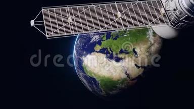 绕地球轨道运行的空间卫星通信。 在慢慢移动。 全高清分辨率三维动画。 这个视频的元素是