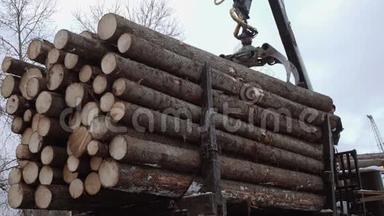 起重机械装载机在锯木厂生产时从<strong>重型卡车</strong>上卸下木材