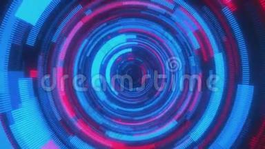 循环动画。 循环动画。 抽象背景。 穿过超空间，红色和蓝色的圆圈