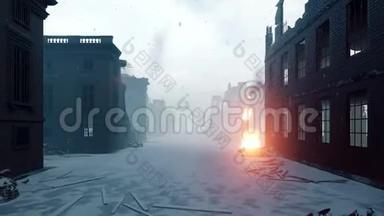 雪中的天启城.. 摄像机在这个被毁的城市里飞行。 世界末日后被遗弃的街道