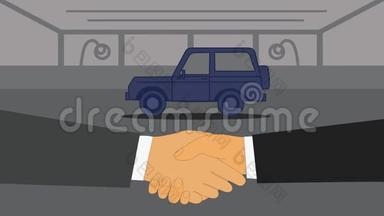 2D动画片，<strong>蓝色</strong>汽车开进来，两只白种人的手在<strong>前台</strong>颤抖，德国租赁标志出现。 出售和出售