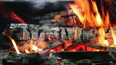 很好的看法，燃烧的火焰与火花和红色火焰近距离观看。 壁炉中燃烧的木材